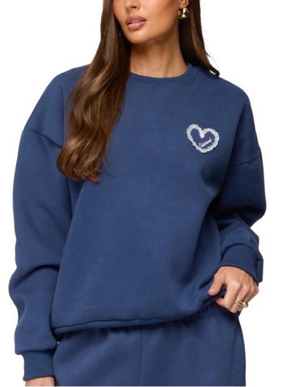 EDIKTED women’s Navy Heart Crewneck Sweatshirt with lace heart. Size M - Picture 3 of 5
